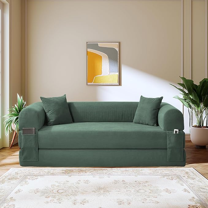 GJQ 80" Convertible Sofa Bed,Corduroy Folding Sleeper Sofa Bed Queen with Pillows & Storage,Modular Pull Out Couches Boneless Couch for Living Room,Compressed Couch in a Box,Light Green