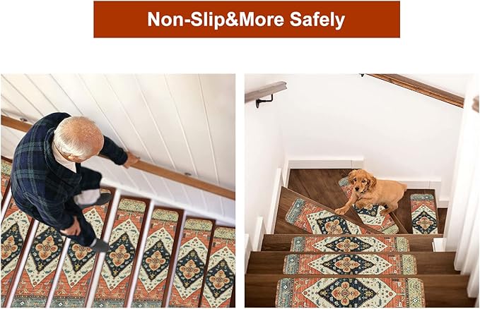 OJIA Non-Slip Stair Treads for Wooden Steps 7PCS, 30"X8" Rubber Carpet Stair Treads Indoor Stair Runner Slip Resistant Stair Rugs Safety Mats for Dogs, Kids & Elders, Stairway Grip Step Treads