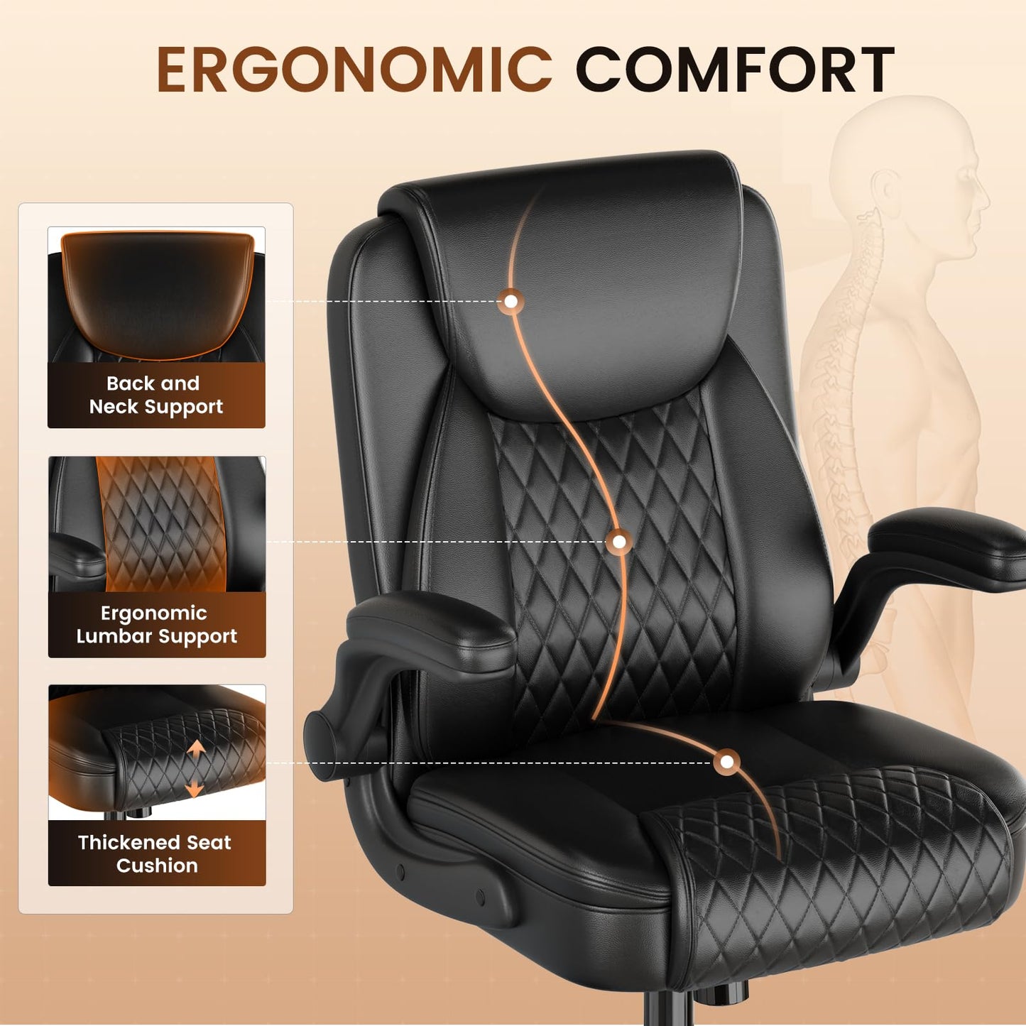 GTPLAYER Leather Office Chair, Home Desk Chair with Flip-up Arms and Ergonomic Back - Comfy Heavy Duty Executive Chair for Home Office Gaming, Charcoal Black