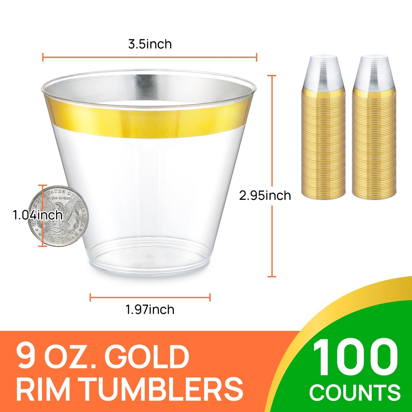 Byvivace 100Counts 9 OZ. Disposable Cups Old fashioned Party Tumblers, 9 Ounce Squat Cups Gold Rimmed Hard Plastic Party Wedding Cups with Gold Rim