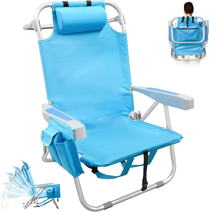 Backpack Beach Chairs for Adults, Heavy Duty Compact Portable Lay Flat Folding Chair with Backpack Straps and Large Pocke...