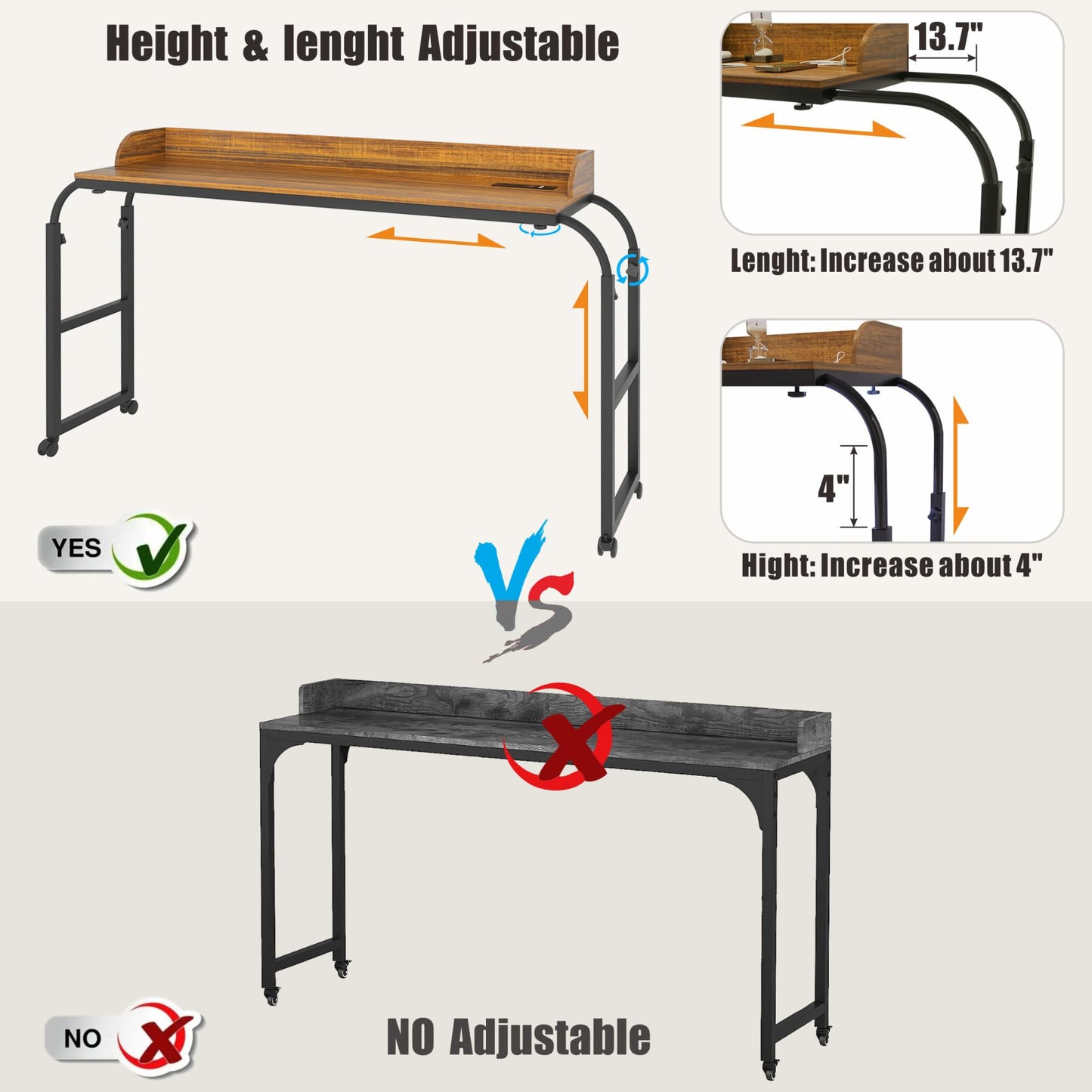 Overbed Desk with Charging Station-Over Bed Table-Adjustable Length/Height with Wheels - Human Sensor LED Light Mobile Queen Size Bed Table Rolling Tray Table for Eating & Laptops, Brown