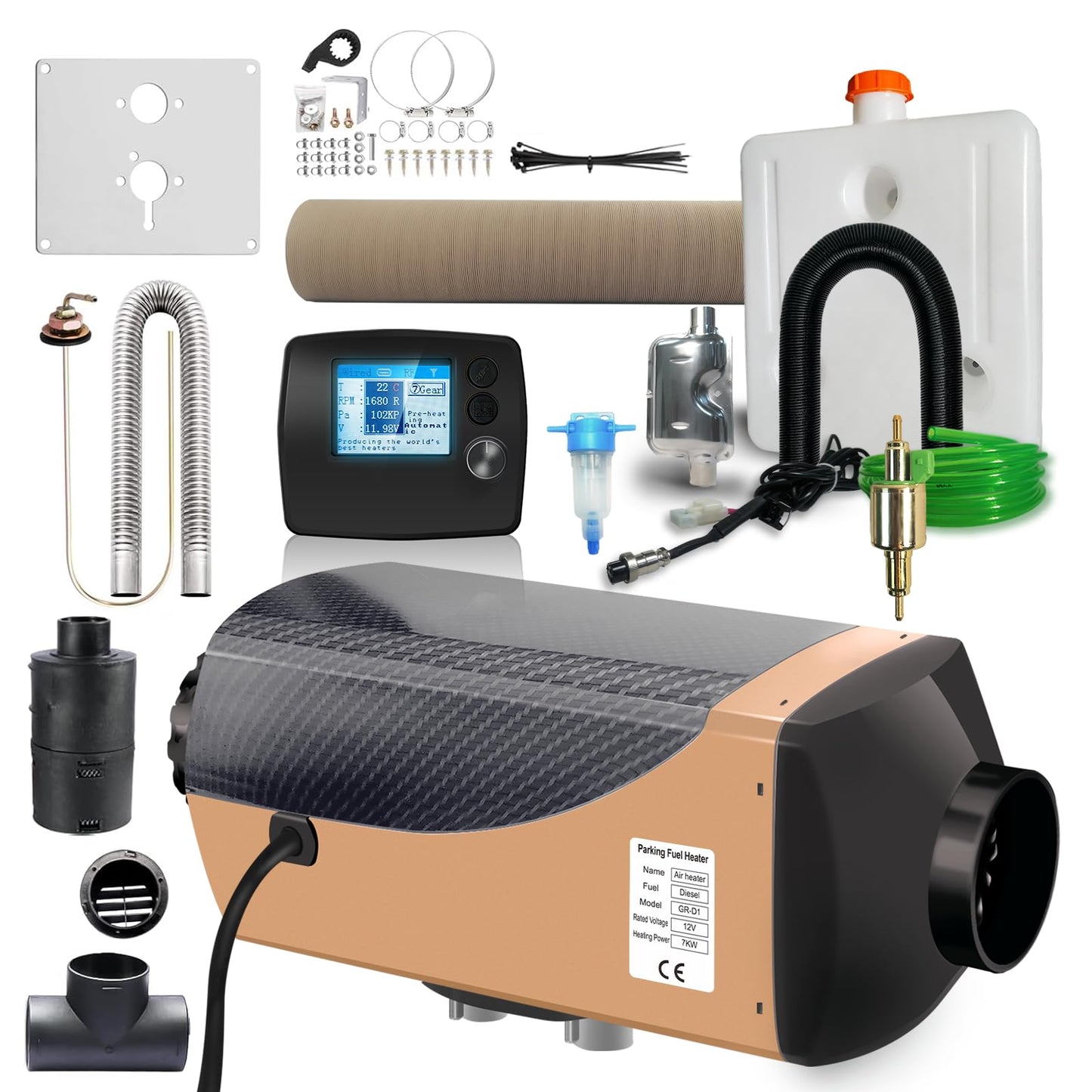 12V 7kW Diesel Air Fuel Heater – LCD Display,7-Speed Adjustment, Aviation Plug, Overheat Alarm, High Altitude Mode, Parking Heater for RVs, Trucks, Ships