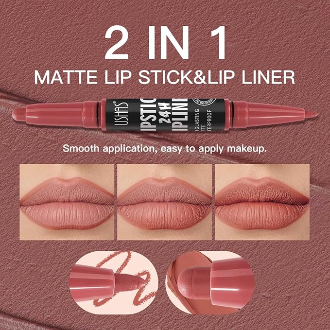 USHAS 3Pcs Lipstick and Lip Liner Combo Set 2 in 1 Makeup Kits Long Lasting and Waterproof Nude Matte Lipstick For Women (Set 1 (01+02+03), 3Pcs)
