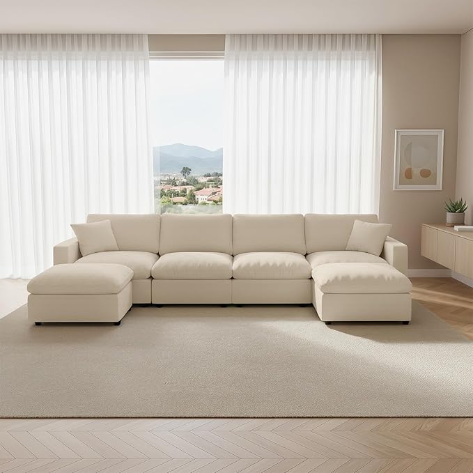 Cloud Couch Modular Sectional Sofa, 123.8" 6-Seater U Shaped Sectional Couches for Living Room, Convertible Cloud Sofa with Ottoman, Down Filled Wide & Deep Seat, Removable Washable Cushion Covers