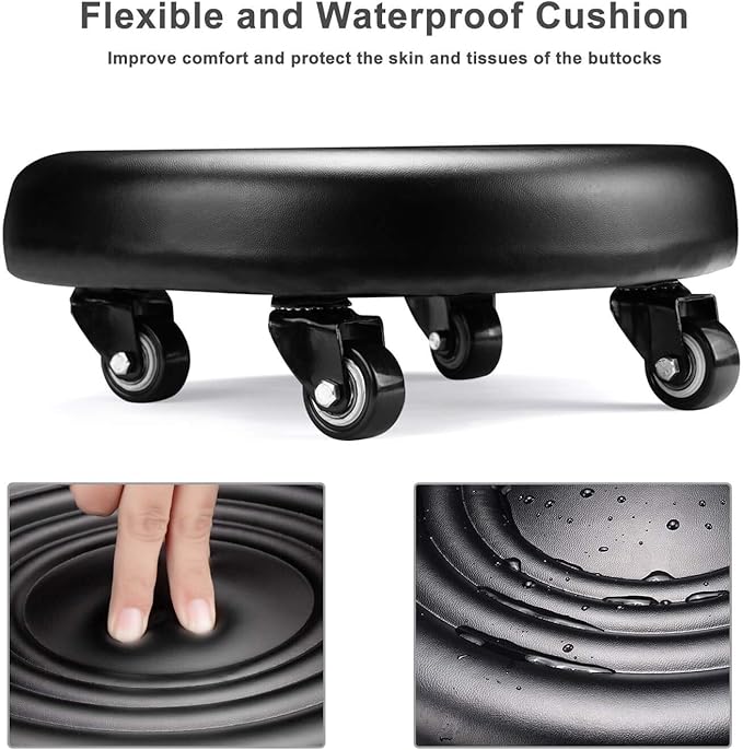 IMMER LIEBEN Low Rolling Stool with Wheels Low to Ground Roller Seat with 5 Universal Swivel Caster Wheels for Home Office Garage Shop Stools PU Leather High Density Cushion and Steel Black