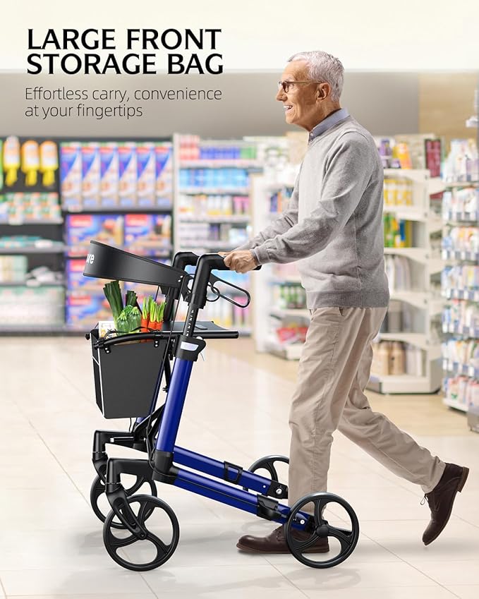 WOTURE Rollator Walker with Seat, Lightweight Rolling Walker, Foldable Rollator Walker for Seniors, 8" Big Wheels for All Terrain, Dual Height Adjustment, Only 16 Ib, Blue