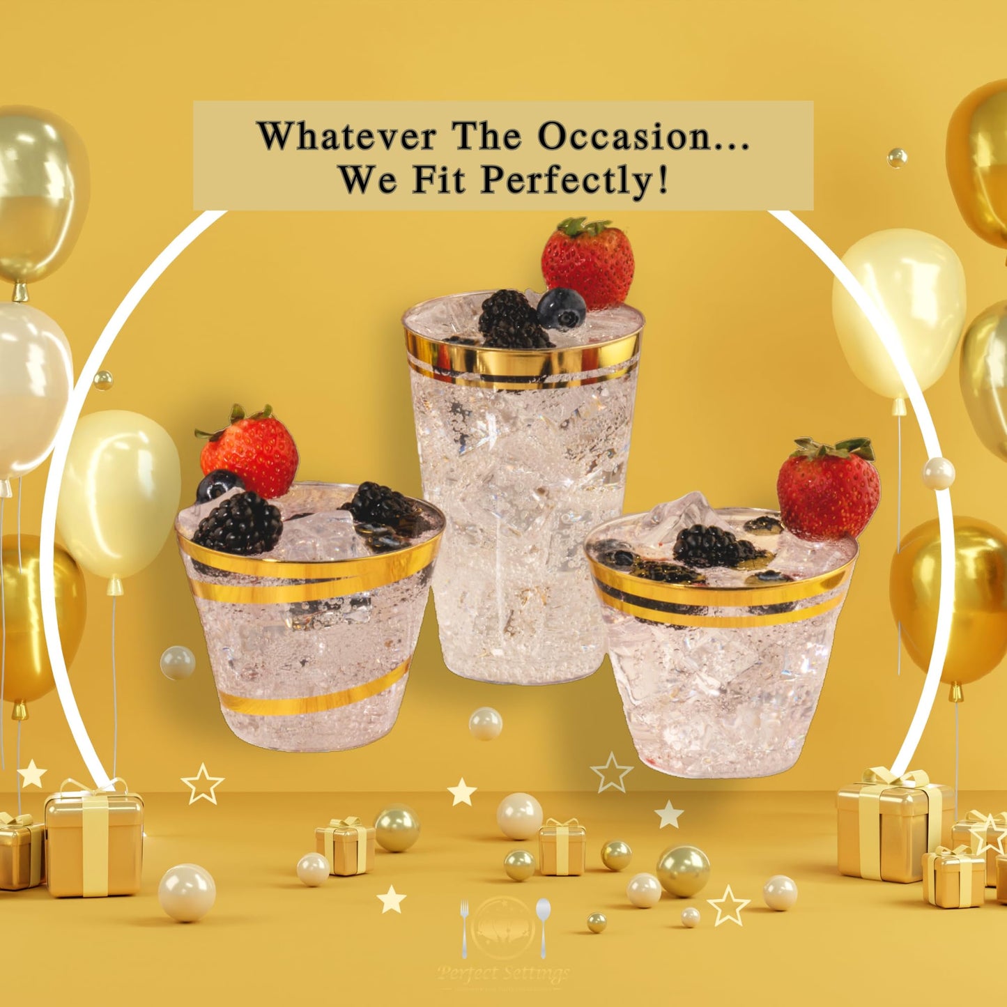 Perfect Settings 110 Gold Swirl Clear Plastic Cups 9 Ounce - Holiday Wedding Party Elegant Trimmed Disposable Cups - Fancy Wedding Cups