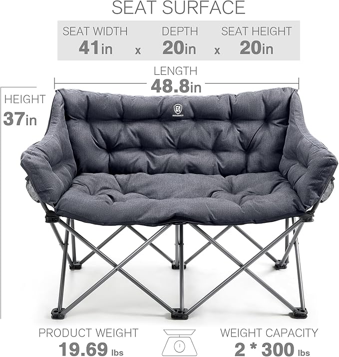 EVER ADVANCED Double Camping Chair for Adults, Padded Folding Camping Love Seat Bench with Side Pocket Portable Camping Couch, 2 Person Heavy Duty Outdoor Chair with Cushion,Support 600lbs, 2Pack
