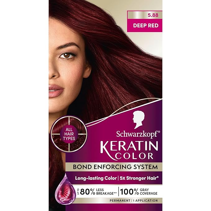 Schwarzkopf Keratin Color Permanent Hair Color, 5.88 Deep Red, 1 Application - Professionally Inspired Permanent Hair Dye, for up to 80% Less Breakage vs Untreated Hair and up to 100% Gray Coverage