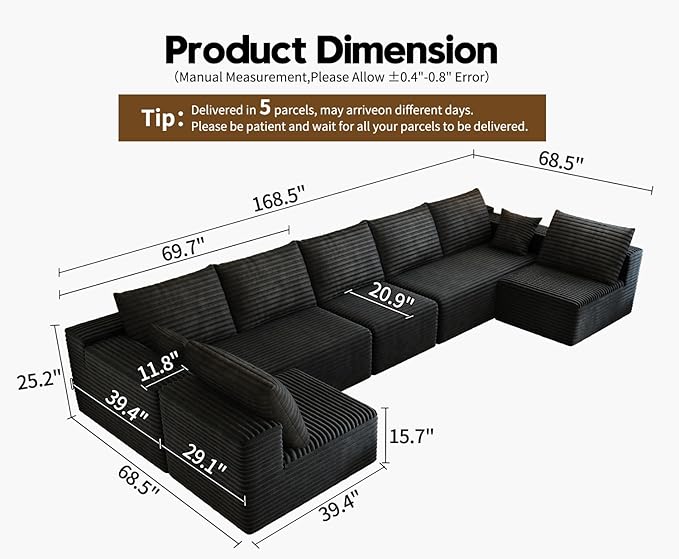 168.5" Modular Sectional Sofa, Oversized U-Shaped Minimalist Couches with 3 Middle Seats Chaise, Modern Deep Seat Convertible Sleeper Sofa, Cloud Plush Corduroy Fabric,7 Seater, Black