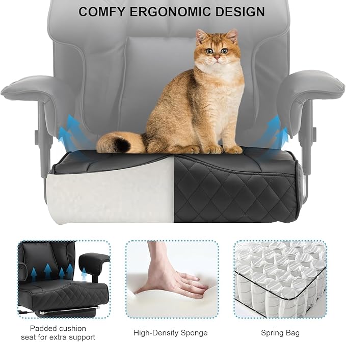 500lb Big and Tall Office Chair, Reclining Office Chairs with Footrest, High Back Leather Executive Computer Chair with Wheels Recliner Home Desk Chairs with Lumbar Support for Heavy People,Black