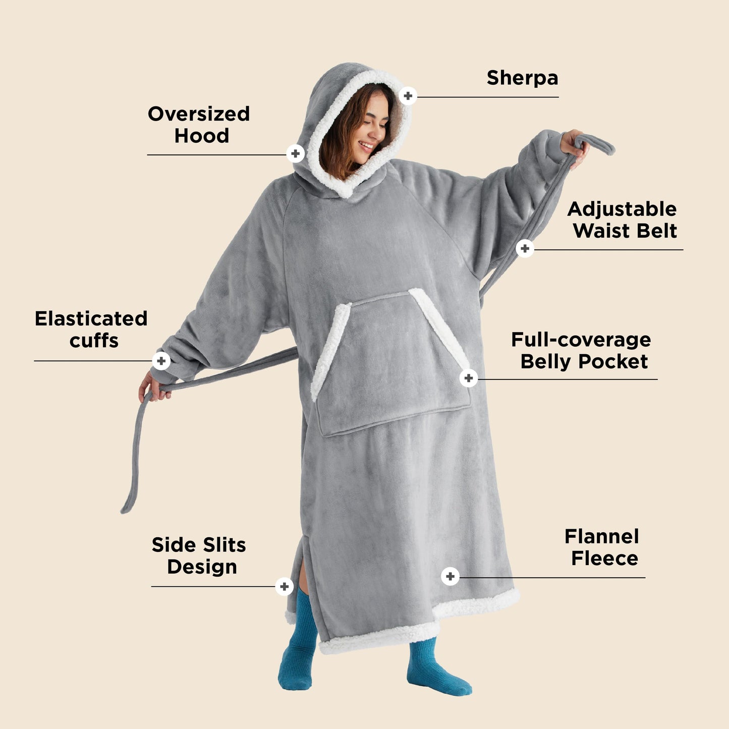 Bedsure Wearable Blanket Hoodie, Long Hooded Blanket Sweatshirt as Birthday Gifts for Women, Cozy Sherpa Hoodie for Adult, Standard, Grey