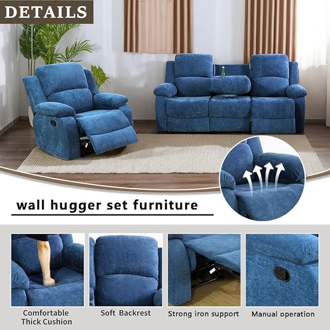 A Ainehome Living Room Furniture Set Blue Microfiber Recliner Sofa Set Loveseat Chair Furniture Sofa Set for Living Room/Rv/House/Office/Theater Seating (A-Blue Microfiber, Sofa+Chair)