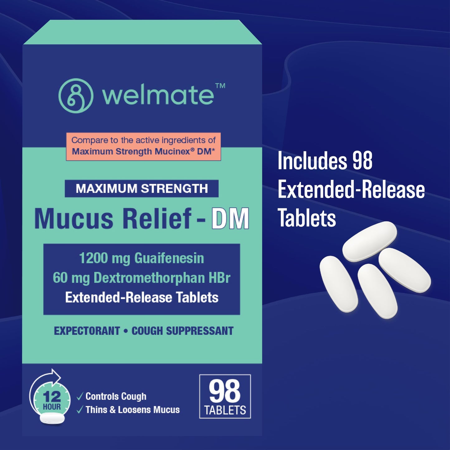 WELMATE - Maximum Strength Mucus Relief DM (98 Servings) - 1200mg Guaifenesin + 60mg Dextromethorphan HBr - 12-Hour Expectorant, Cough Relief - 98 Extended-Release Tablets