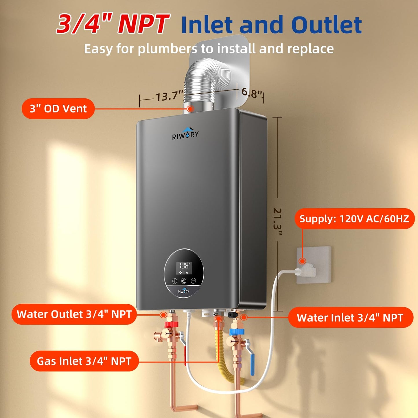 RIWORY 102000 BTU Natural Gas Tankless Water Heater, Max 4.3 GPM Intelligent Constant Indoor Instant Gas On Demand Hot Water Heater Tankless with Freeze Protection, 3/4" NPT, for 3-4 Water Points