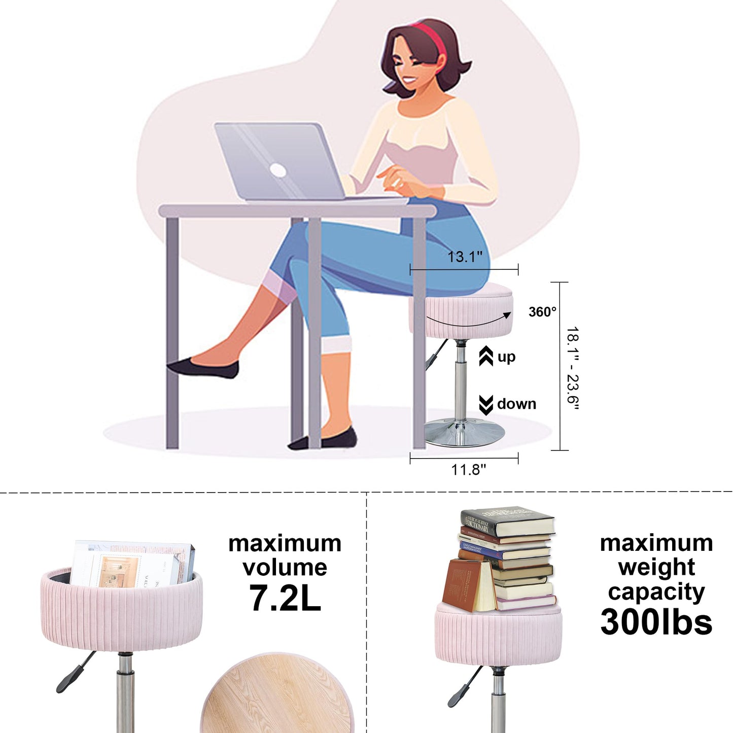 LITZFUR Pink Vanity Stool for Makeup Room, Round Storage Ottoman Height Adjustable Velvet Vanity Chair, 360° Swivel Footrest for Living Room Bedroom