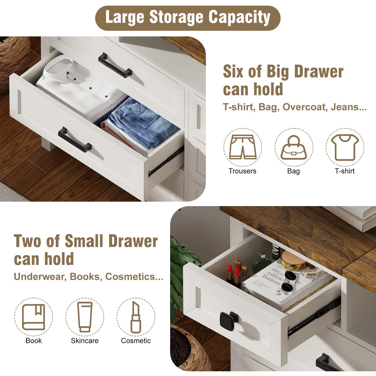 BROTTAR Dresser with Mirror for Bedroom, Chest of Drawers with LED Mirror, 8 Drawer Dresser with Charging Station, White Kids Dressers, Farmhouse Makeup Vanity with Storage for Bedroom
