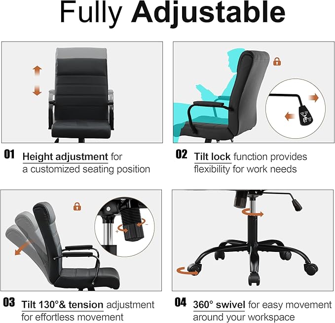 BOWTHY Office Desk Chair,Modern Conference Room Chairs,High Back Ergonomic Home ofiice Chair,Adjustable Height Swivel Executive Computer Chair with Padded Seat and Armrest (Pure Black)
