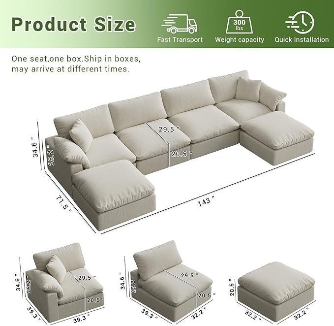 Intuition Decor Modular Sectional Sofa,Extra Comfty Deep-Seat-Filled Couch,6 Seat U Shape Sofas with Movable Ottoman, Modern Couches for Living Room, Apartment, Office,Small Space