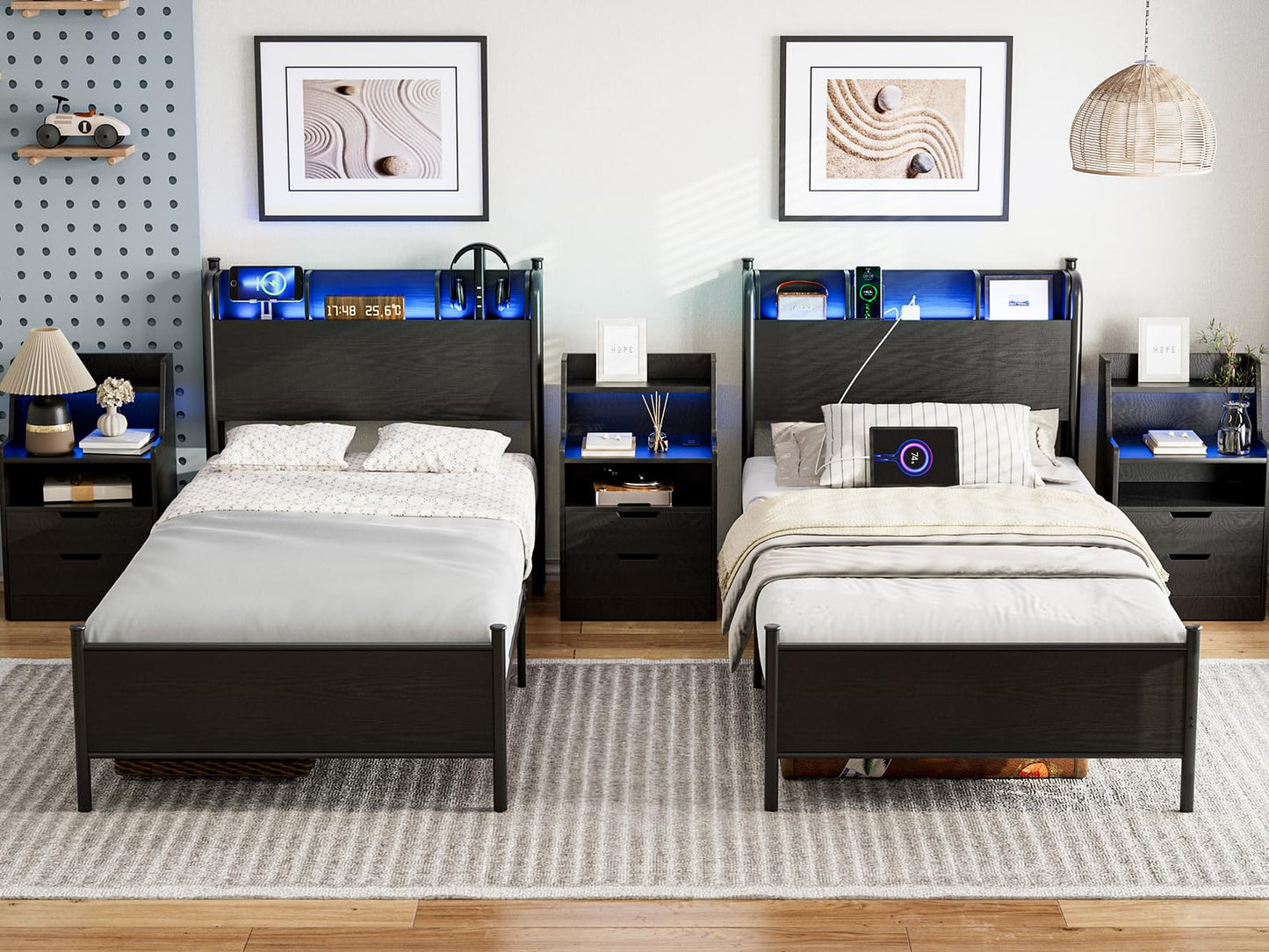 IKIFLY Twin XL Bed Frames with Storage Shelf Headboard & Charging Station, Heavy Duty Metal Twin XL Platform Bed with LED Lights, Under-Bed Storage, No Box Spring Needed, Noise Free, Black
