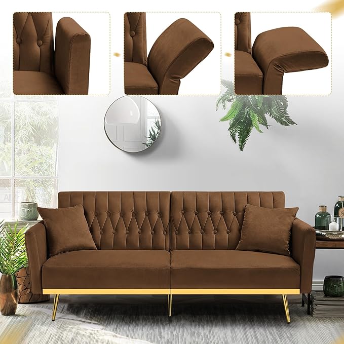 ACMEASE 70” Velvet Futon Sofa Bed with 2 Pillows and Adjustable Armrests, Convertible Sleeper Bed W/Adjustable Backrests, Modern Loveseat for Living Room, Bedroom, Brown