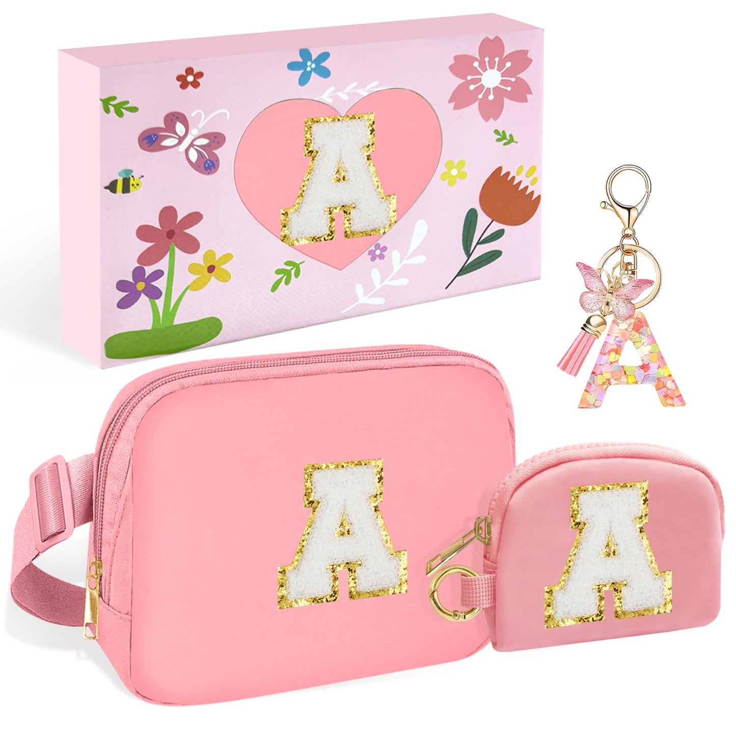 Personalized Fashion Waist Pack Wallet and Keychain, Initial Belt Bag Purse and Pendant, Fanny Cross Body Bag, Birthday Gifts, Fancy Trendy Stuff for Girl Mom Women Daughter Sister Friends(Pink A)