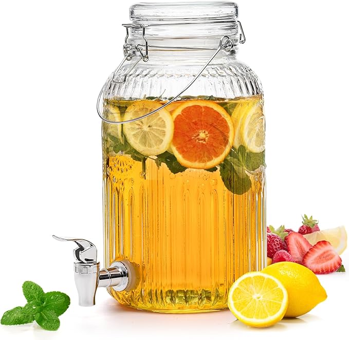 Kingrol 1 Gallon Glass Drink Dispenser with Lid and Spigot - Wide Mouth, Leak Proof Juice Pitcher- Vintage Beverage Dispen...