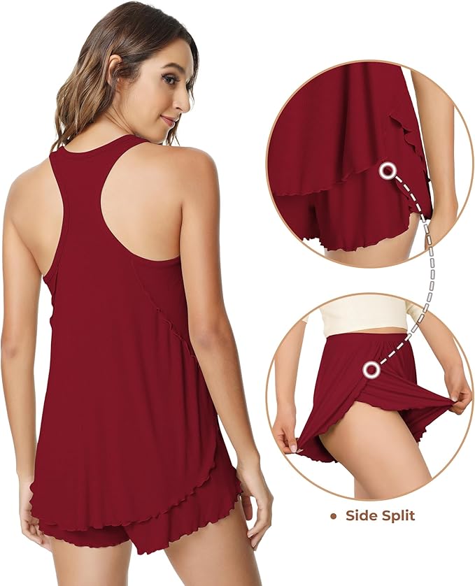 NACHILA Pajamas for Women-Viscose from Bamboo, Ribbed Racerback Tank Top Sexy Split Shorts Pajama Sets Cooling Sleep Cami Pjs
