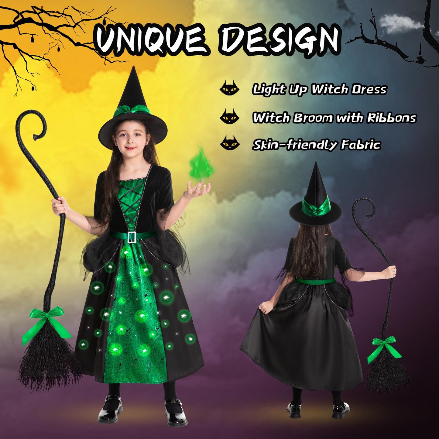 Poshetion Witch Halloween Costumes for Girls, Toddler Light Up Witch Dress with Witch Broom and Hat, Kids Witch Costume Glow in the Dark for Wicked Halloween Dress-Up Party (Green-T)