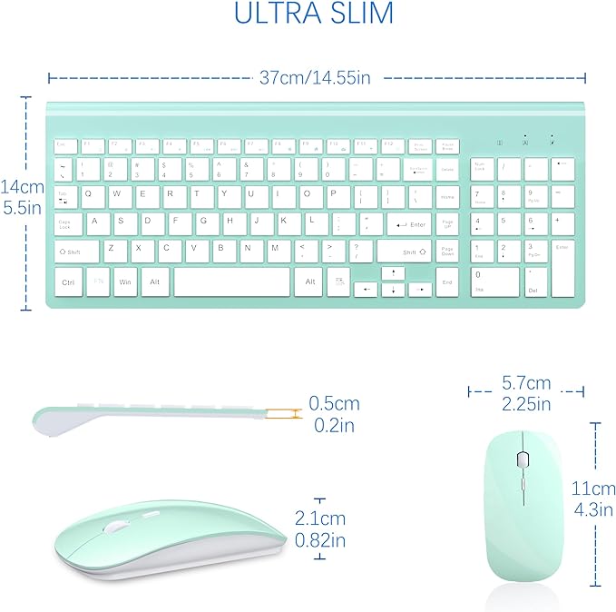 Wireless Keyboard and Mouse Ultra Slim Combo, TopMate 2.4G Silent Compact USB 2400DPI Mouse and Scissor Switch Keyboard Set with Cover, Batteries Included, for PC/Laptop/Windows/Mac - Mint Green
