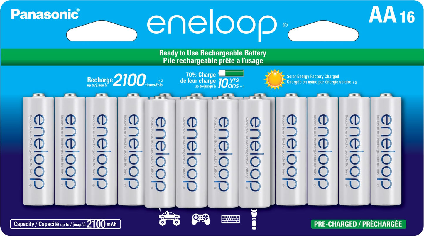 Eneloop Panasonic Bk-3Mcca16Fa Aa 2100 Cycle Ni-Mh Pre-Charged Rechargeable Batteries, 16-Battery Pack
