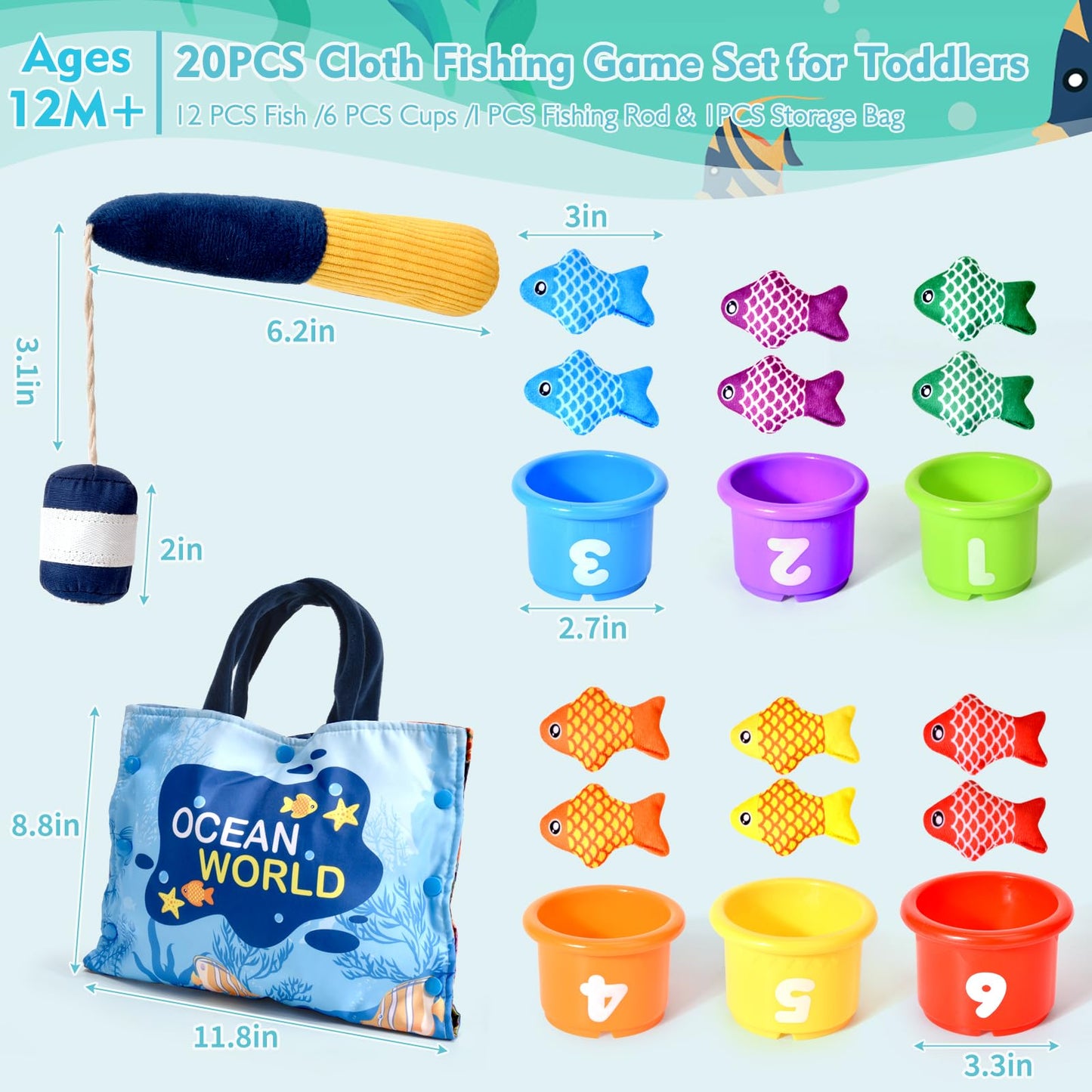 BAHIAKLO Montessori Toys for 1 Year Old Boy Girl Gifts, Cloth Fishing Game Toddler Toy 1-3, Sorting Learning Baby Toys 6-12-18 Months, One Year Old Girl Boy Birthday Gifts