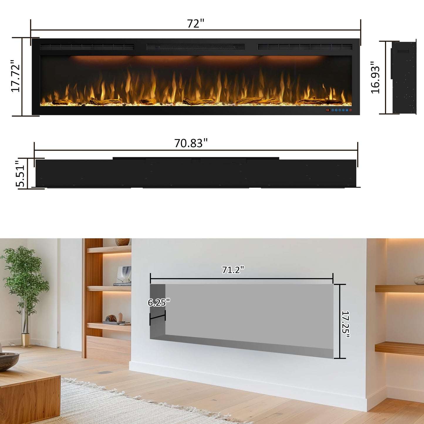 72 inches Electric Fireplace, Recessed and Wall Mounted Fireplace Heater and Linear Fireplace Inserts, Adjustable Heaing& Remote Control& Touchscreen, Multicolor Flame & Realistic logs,1500W, Black