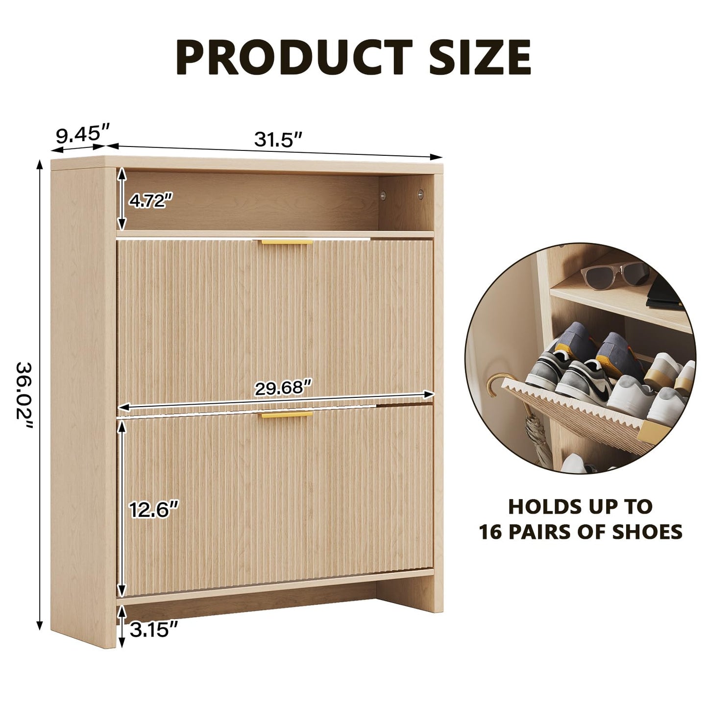 Angel Sar 31.5" Fluted Shoe Cabinet Storage for Entryway, Narrow Shoe Organizer with 2 Flip Drawers Open Compartment & Gold Handles, Freestanding Entryway Cabinet for Hallway, Living Room