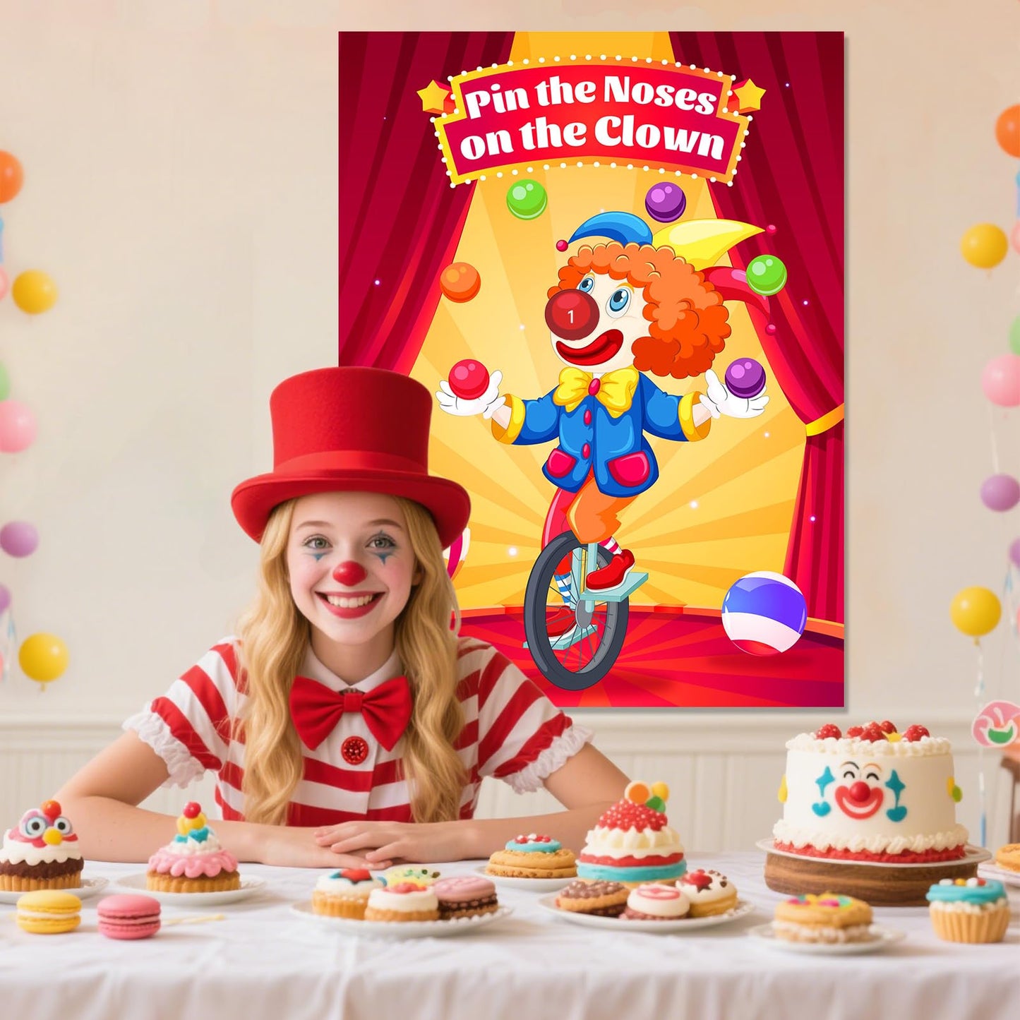 Circus Carnival Party Decorations - Pin The Noses on The Clown Birthday Games Yellow Clown Theme Poster with 24pcs Stickers and 1 Blindfold