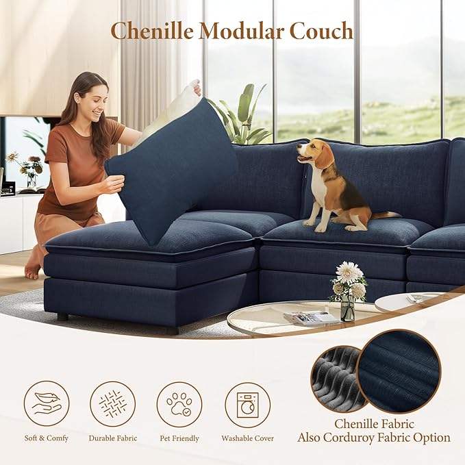 Vesgantti 101" V-Shaped Corner Couch Sectional, 7 Seat Customizable Modular Cloud Couches with Movable Ottoman, Chenille Deep Seat Sofa Set with Chaise for Living Room, Bedroom and Apartment, Blue