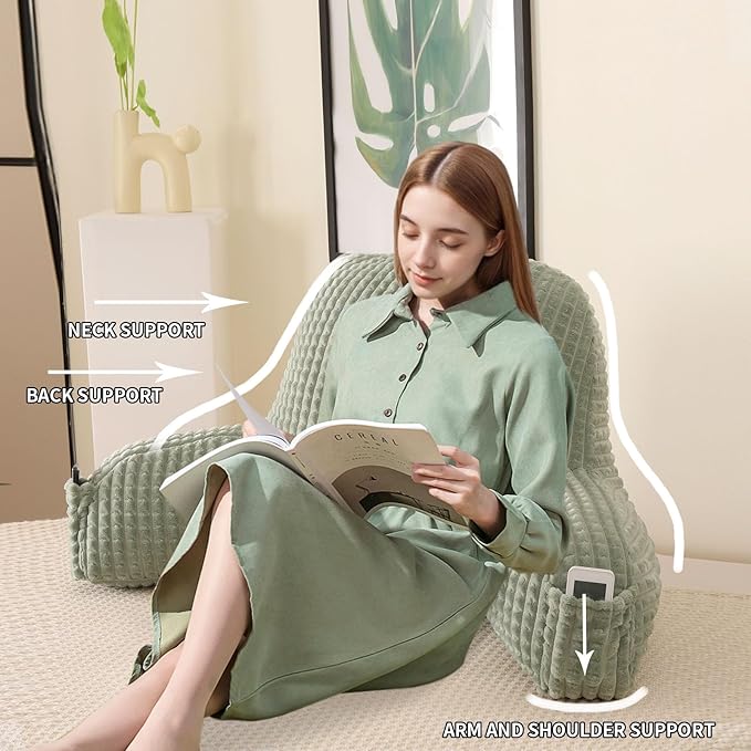PAJEO Reading Pillow for Sitting in Bed, Large Backrest Reading Pillow with Arm Rest,Back-Rest Support Cushion for Sit Up on Couch, Sofa, and Floor, Dorm Essentials (Green Flannel, Large(19"))