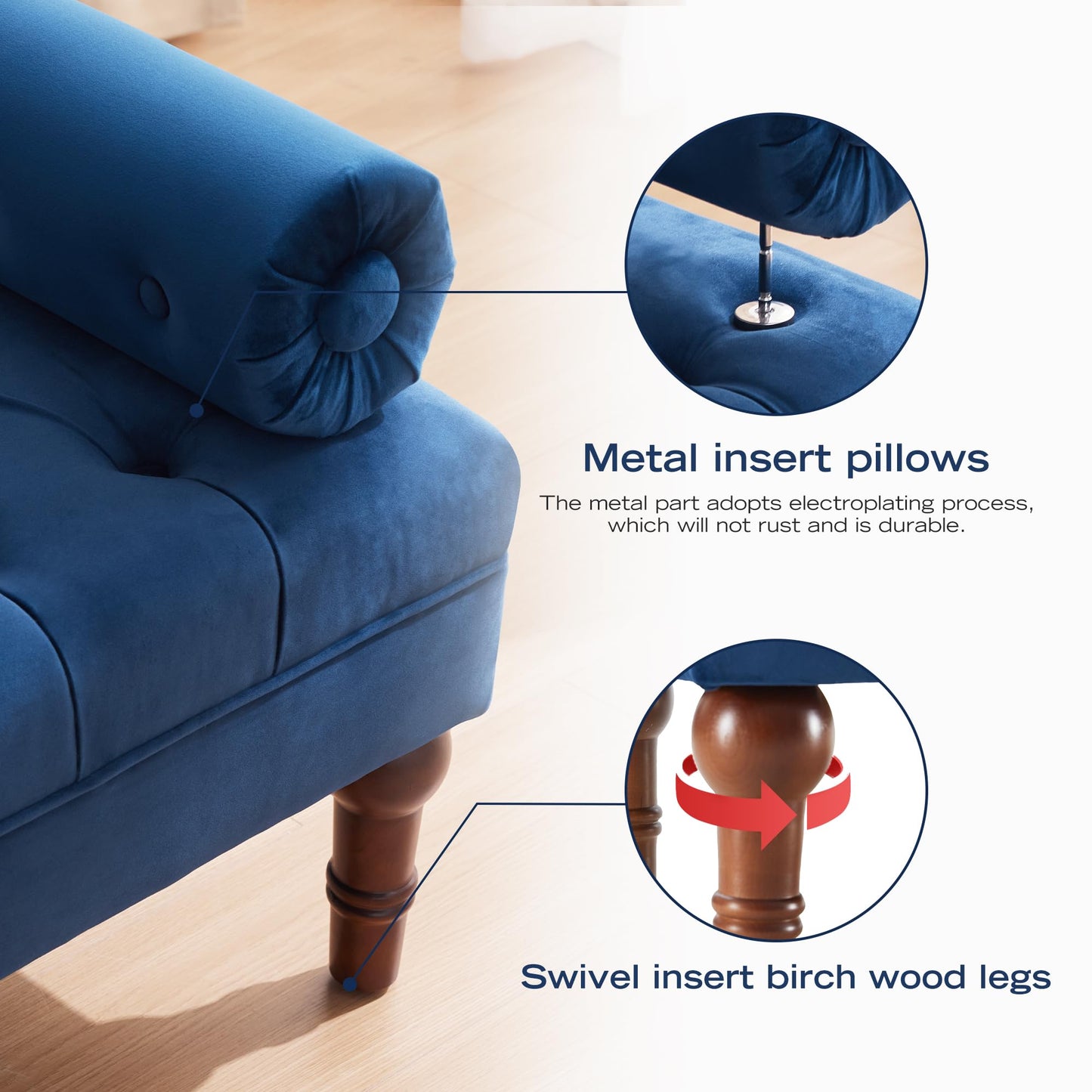HUIMO 60.2" Velvet Bedroom Bench, Modern End of Bed Bench with Button-Tufted, Upholstered Large Ottoman Bench Seat, Entryway Benches for Living Room, Window, Closet (Blue)
