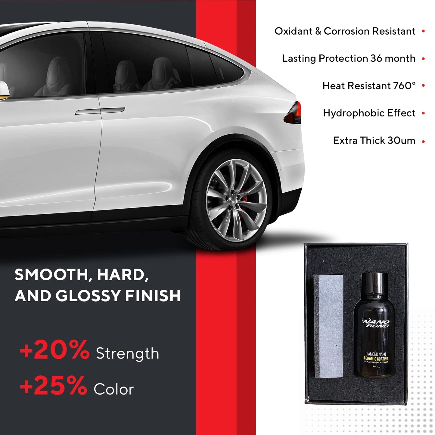 Nano Bond Professional Ceramic Coating for Cars - High Gloss Paint Protection Kit, UV & Corrsion Resistant for, Wheels, Glass, Plastic, Easy Application, Ultra Hydrophobic, Long Lasting, Shine, 30ml