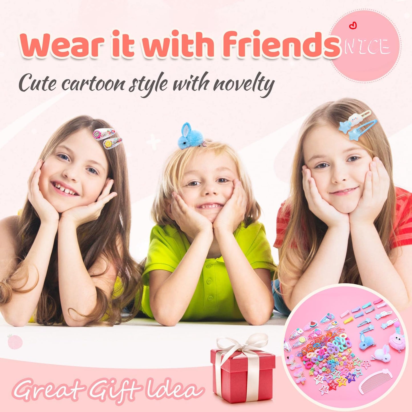 Cute Girl Hair Accessories Set，Toddlers Butterfly Rabbit Sparkle Fruit Star Hair Clip, Flower Small Grab Clip Colorful Rubber Bands and Cotton Baby Elastic Hair Ties