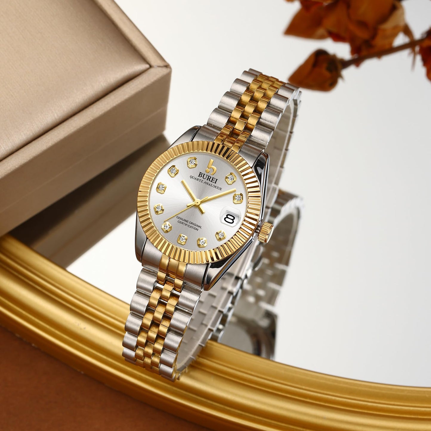 BUREI Women's Golden Watch Silver Stainless Steel Classic Quartz Women Watches with Date Fashion Business Small Face Diamond Waterproof Ladies Watches,Gift for Women