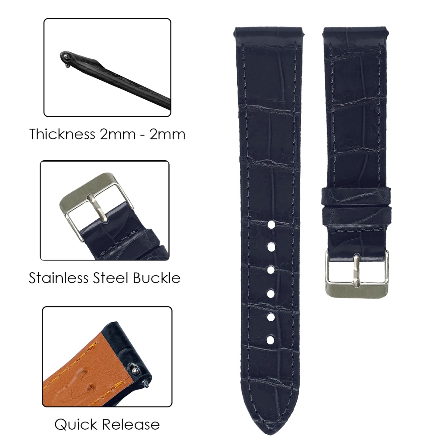 21mm Flat Blue Navy Leather Watch Band Quick Release Handmade Leather Strap Slim Croc Replacement Wristband Men Stainless Steel Buckle Christmas Father's Day Gift for Dad Son Husband DH-NO-04-21MM