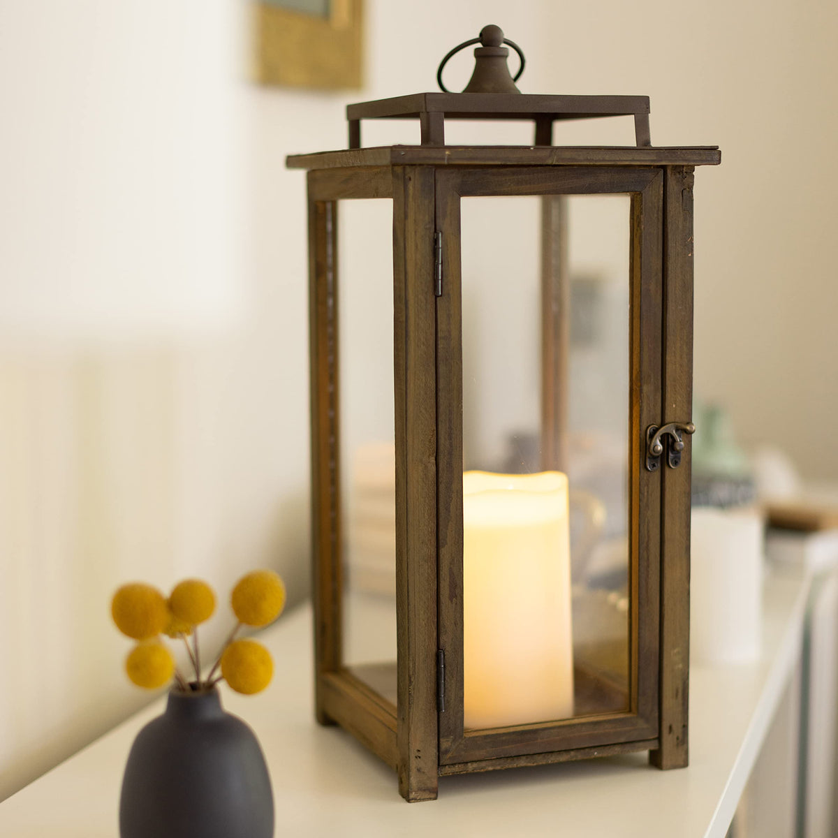 Stonebriar 18 Inch Rustic Wooden Candle Hurricane Lantern, For Table Top, Mantle, Wall Hanging, or Garden Display, Indoor & Outdoor Use, Extra Large