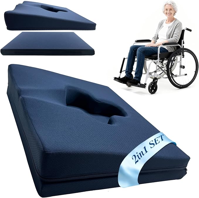 Rivquvi Gel Wheelchair Seat Cushion,Bed Sore Cushions for Butt,Office Chair Pressure Sore cushion,Memory Foam Pillow for bed,Pressure Ulcer Pain Relief,Relieve Sciatica,Coccyx,Washable Cover(Set Blue)