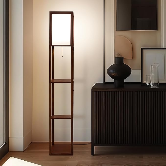 Brightech Maxwell - Modern Shelf Floor Lamp with Lamp Shade and LED Bulb - Corner Display Floor Lamps with Shelves for Living Room, Bedroom and Office - Havana Brown