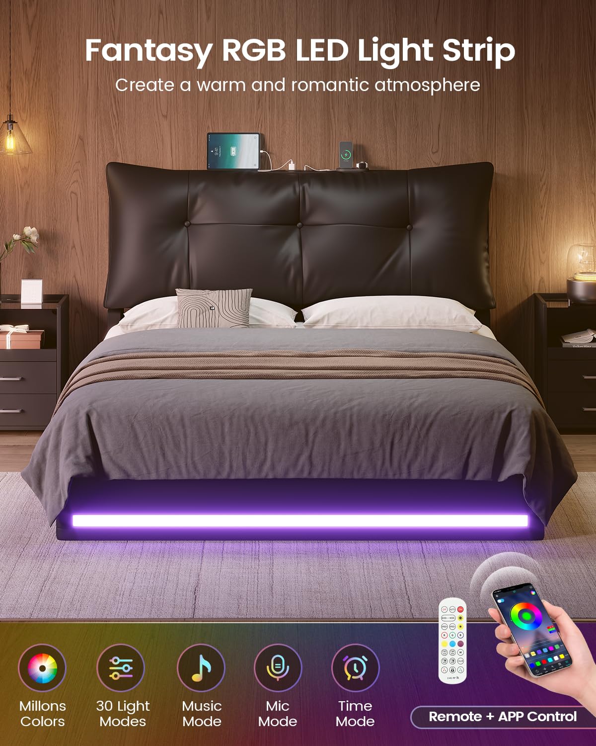 VIAGDO Full Size Bed Frame with Storage Headboard, Black Led Bed Frame Full Size with 4 Storage Drawers and Charging Station, No Spring Box Needed, Black