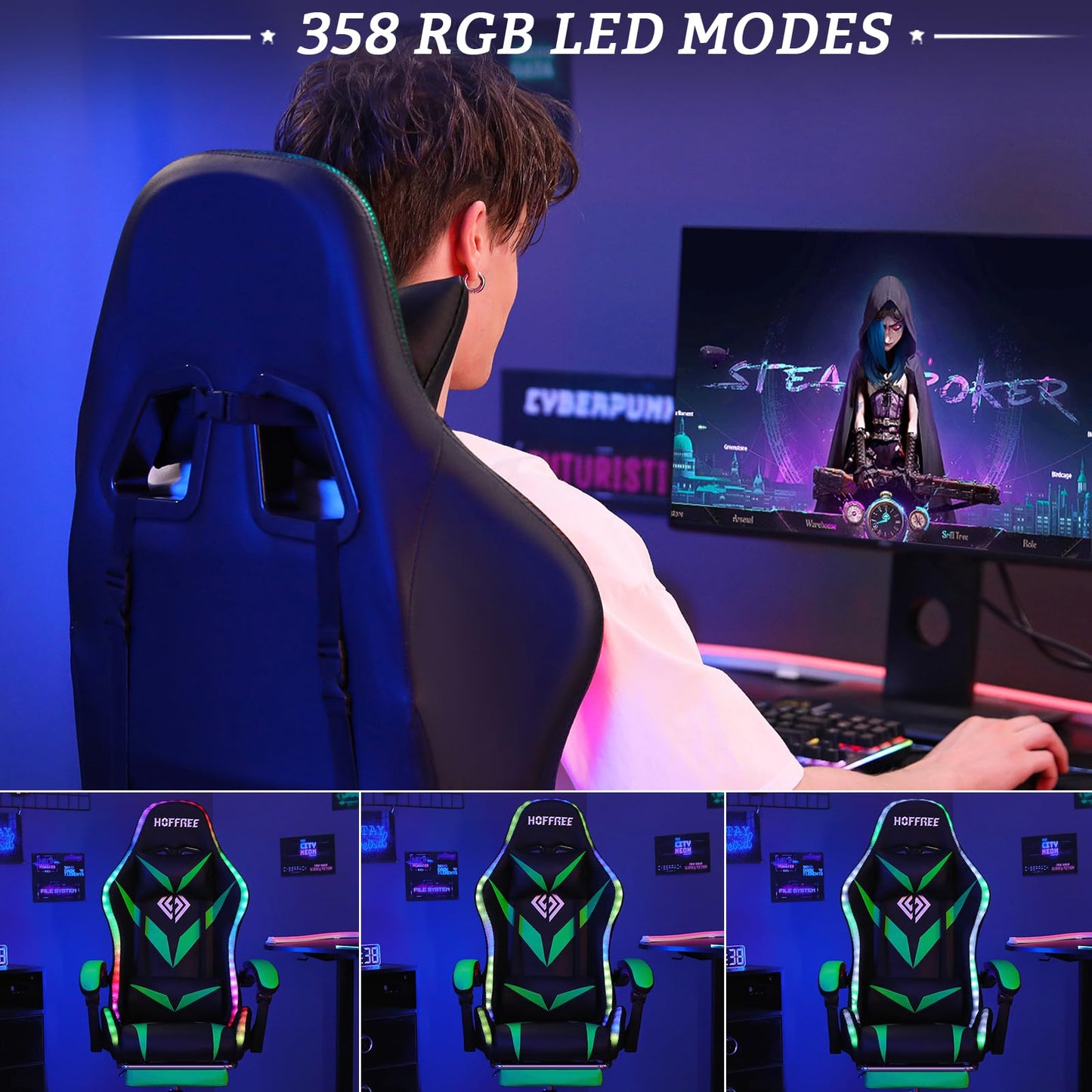 RGB Gaming Chair with LED Lights and Massage Ergonomic Computer Chair with Footrest High Back Video Game Chair with Adjustable Lumbar Support Linkage Armrest Green and Black