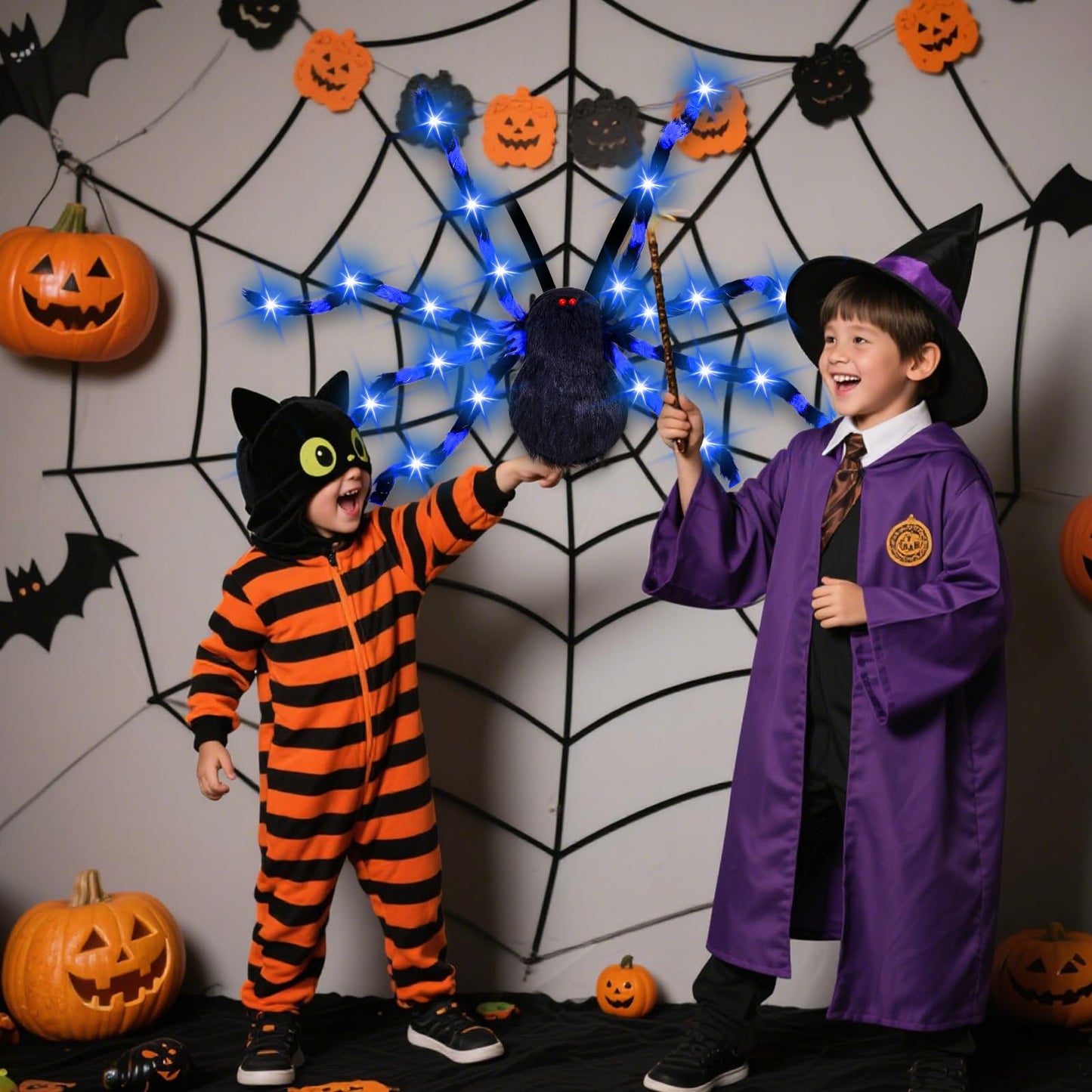 Thuodo Halloween Giant Spider Costume for Kids Adults, Blue 60 LED Light-Up Spider Candy Backpack with Headband Halloween Decorations and Party Props– Battery Required