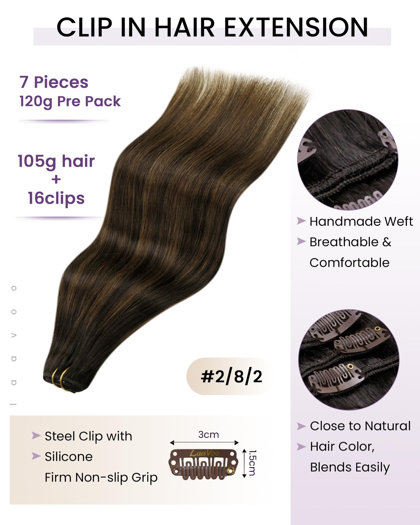 LaaVoo Clip in Hair Extensions Real Human Hair Dark Brown Balayage Human Hair Extensions Clip ins # 2 Mix Light Brown Real Hair